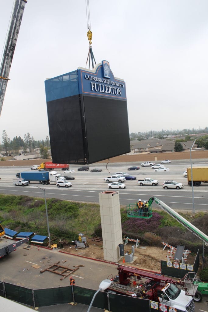California State University, Fullerton graphic display sign under construction